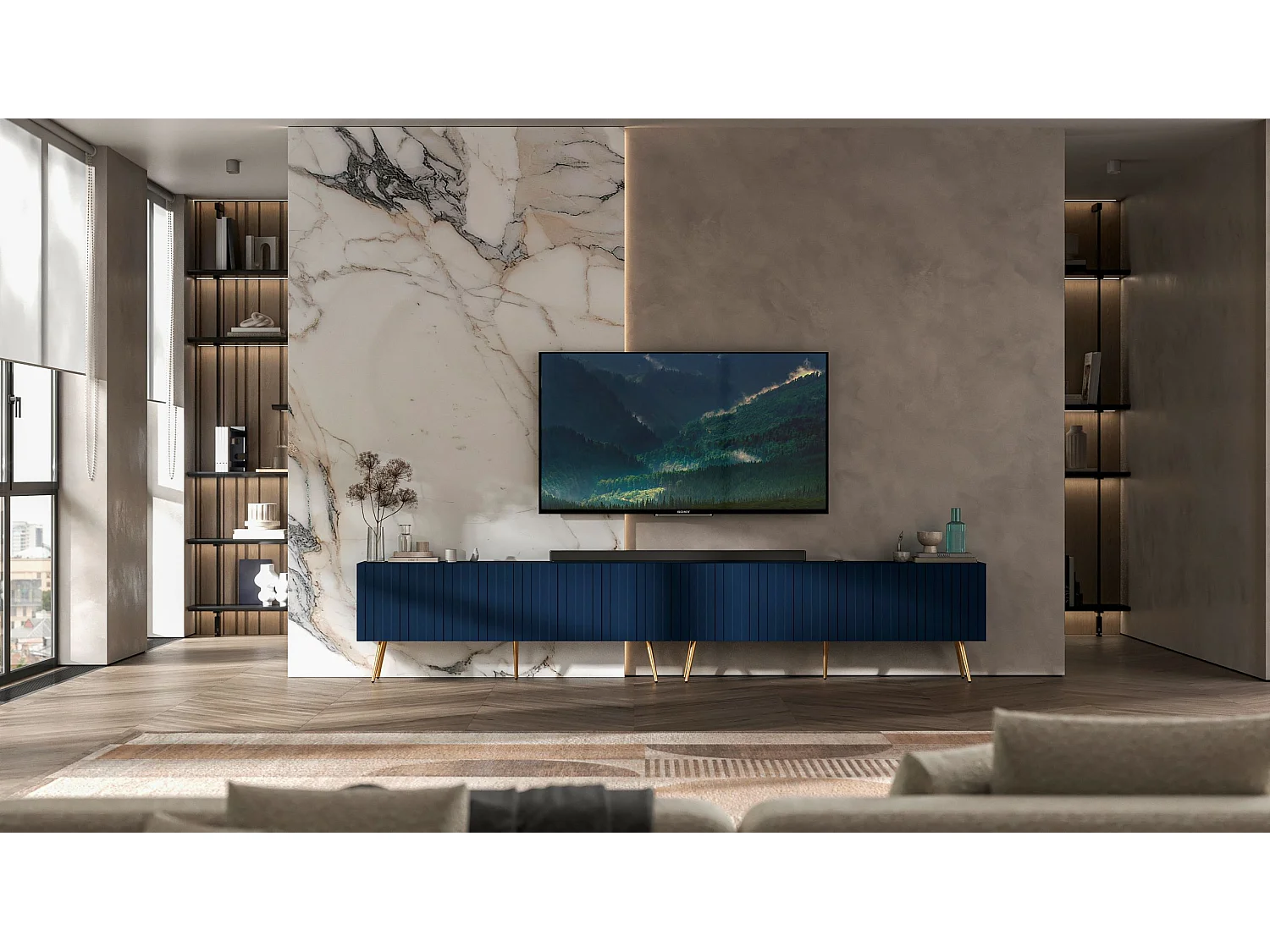 Meuble TV avec 8 portes - Corps bleu marine mat, façades rainurées bleu marine mat - 300 cm, pieds dorés