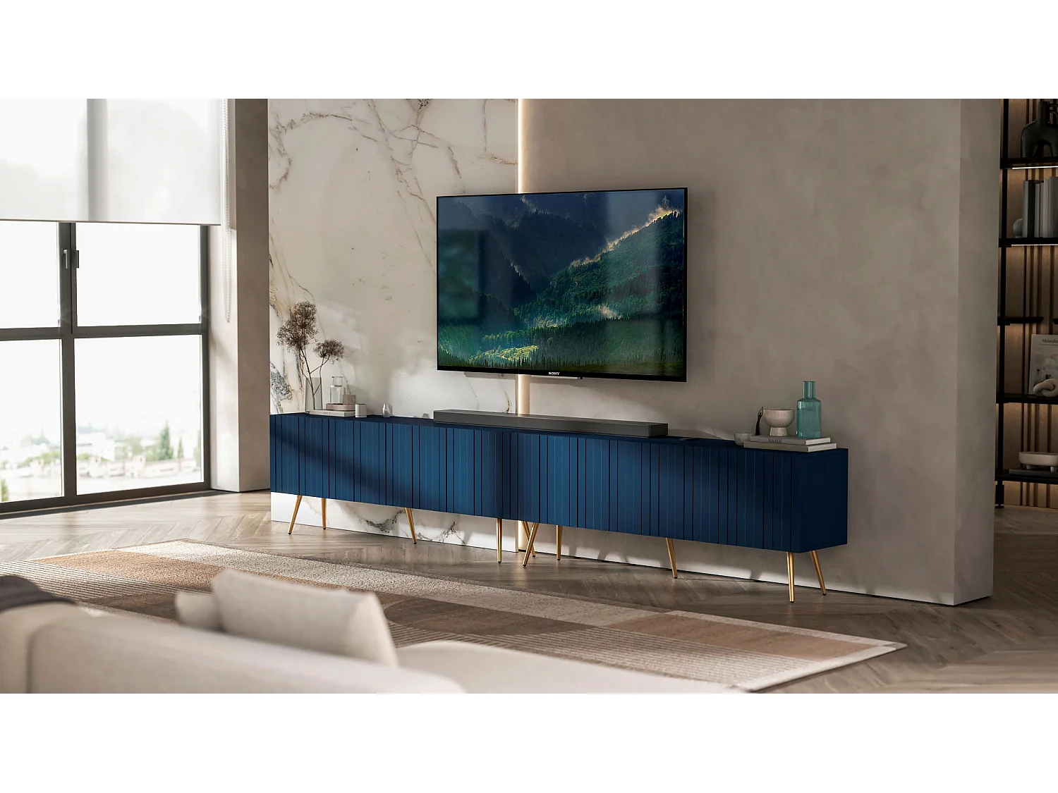 Meuble TV avec 8 portes - Corps bleu marine mat, façades rainurées bleu marine mat - 300 cm, pieds dorés
