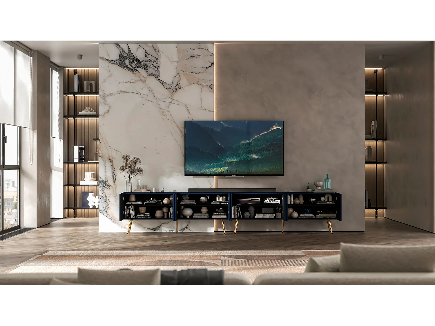 Meuble TV avec 8 portes - Corps bleu marine mat, façades rainurées bleu marine mat - 300 cm, pieds dorés