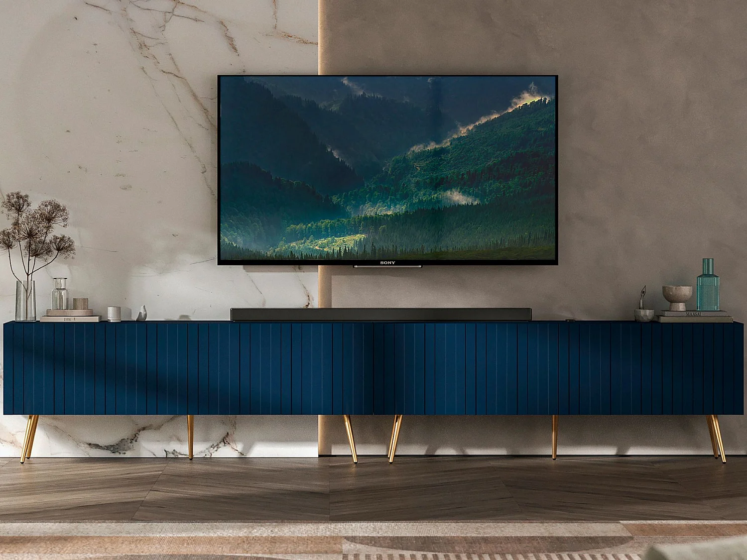 TV-meubel met 8 deuren - Corpus mat marineblauw, geribbelde fronten mat marineblauw - 300 cm, gouden poten