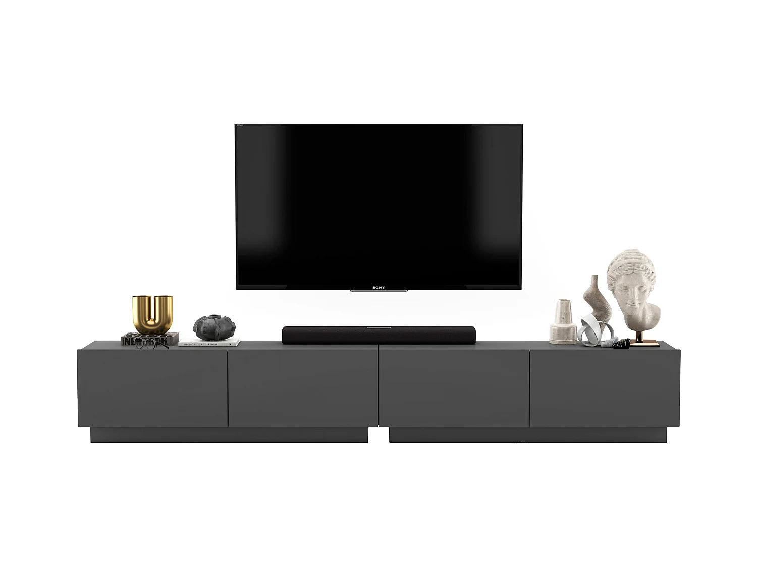 Meuble TV avec 4 portes - corps Graphite mat, façades Graphite mat - 240 cm, sur socle