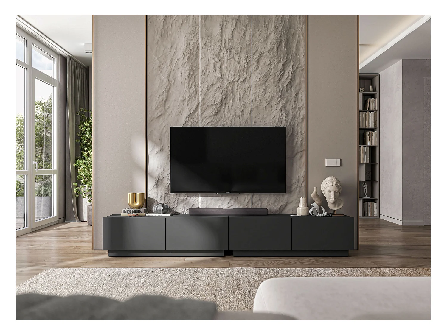 Meuble TV avec 4 portes - corps Graphite mat, façades Graphite mat - 240 cm, sur socle