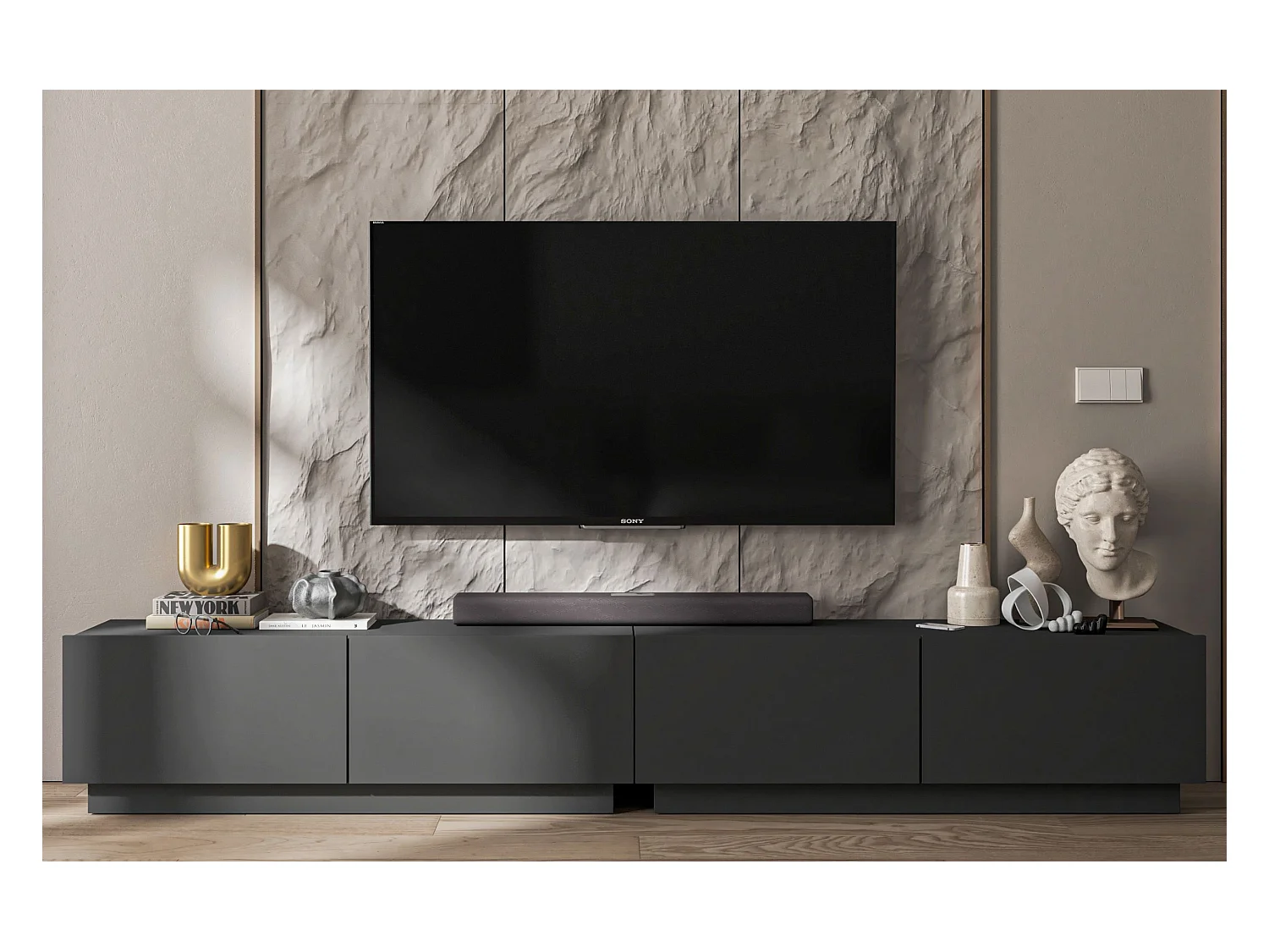 Meuble TV avec 4 portes - corps Graphite mat, façades Graphite mat - 240 cm, sur socle