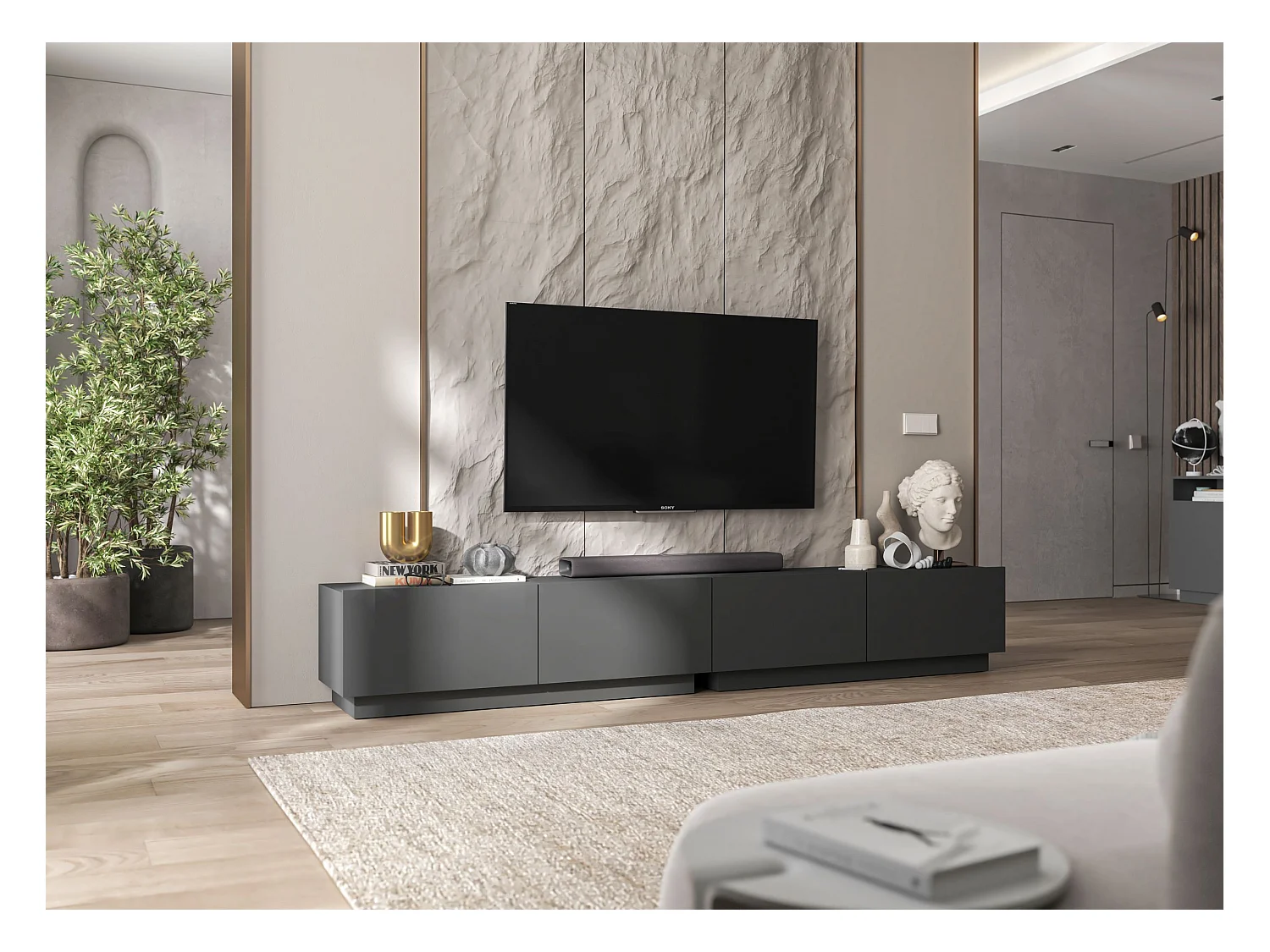 Meuble TV avec 4 portes - corps Graphite mat, façades Graphite mat - 240 cm, sur socle