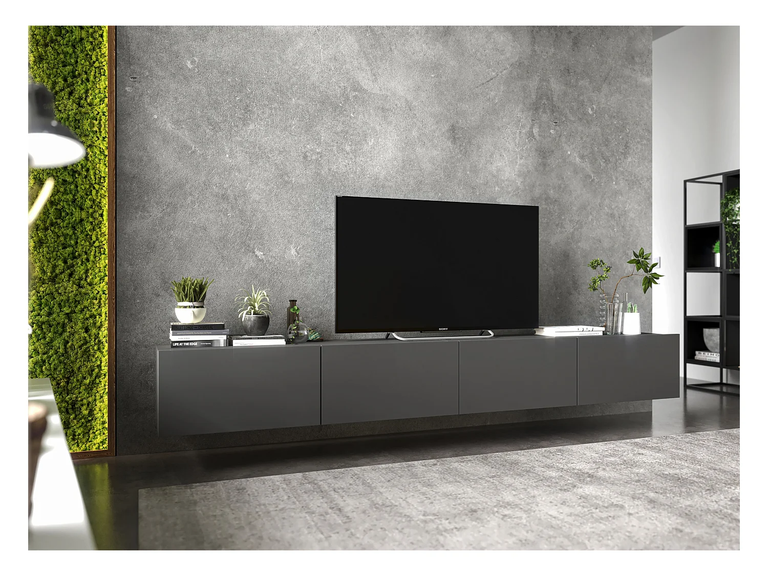 Meuble TV avec 4 portes - corps Graphite mat, façades Graphite mat - 240 cm, sur socle