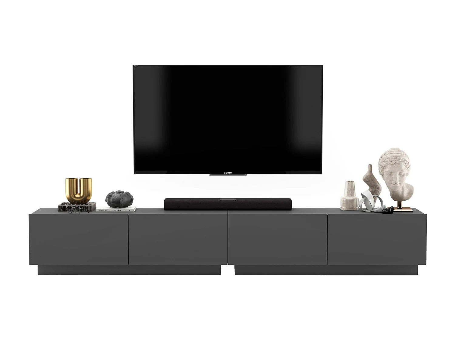 Meuble TV avec 4 portes - corps Graphite mat, façades Graphite mat - 240 cm, sur socle