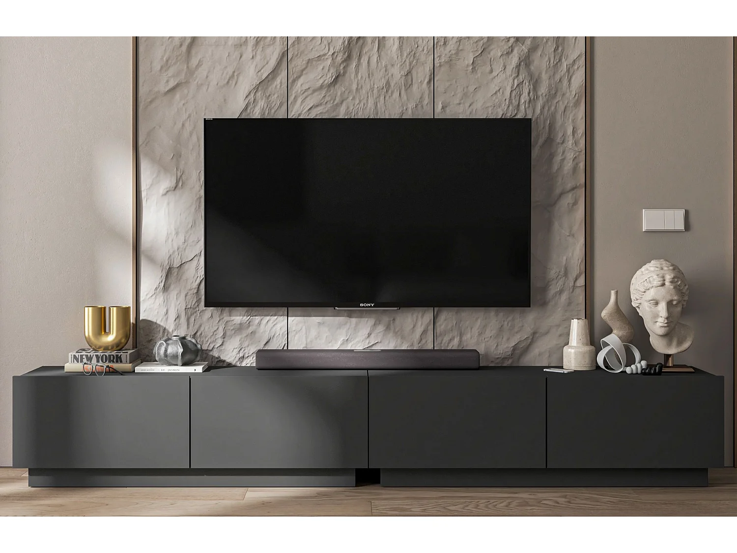 Meuble TV avec 4 portes - corps Graphite mat, façades Graphite mat - 240 cm, sur socle