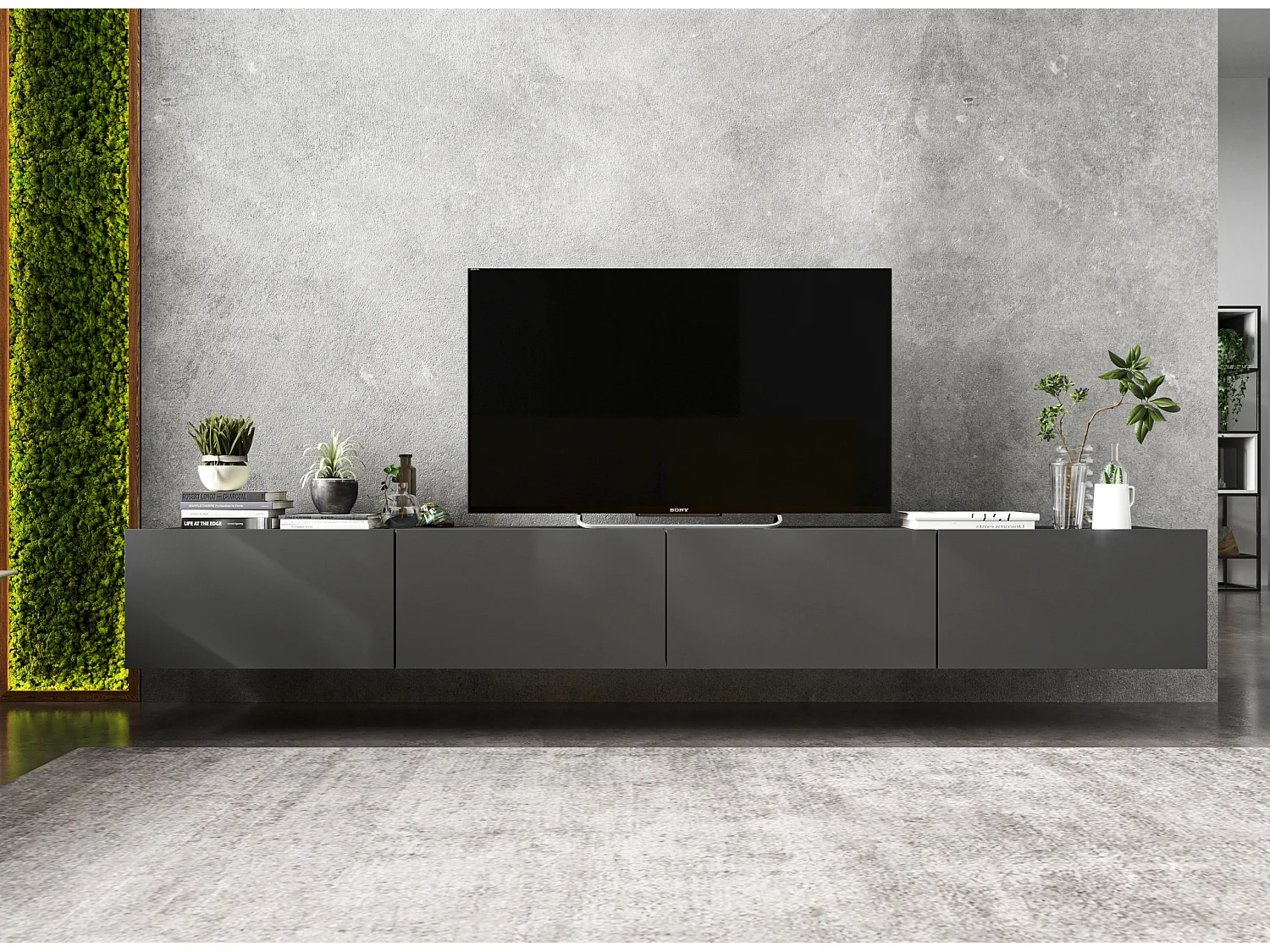 Meuble TV avec 4 portes - corps Graphite mat, façades Graphite mat - 240 cm, sur socle