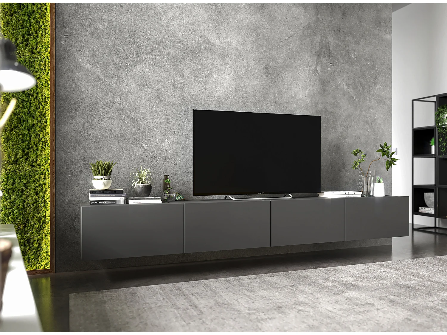 Meuble TV avec 4 portes - corps Graphite mat, façades Graphite mat - 240 cm, sur socle