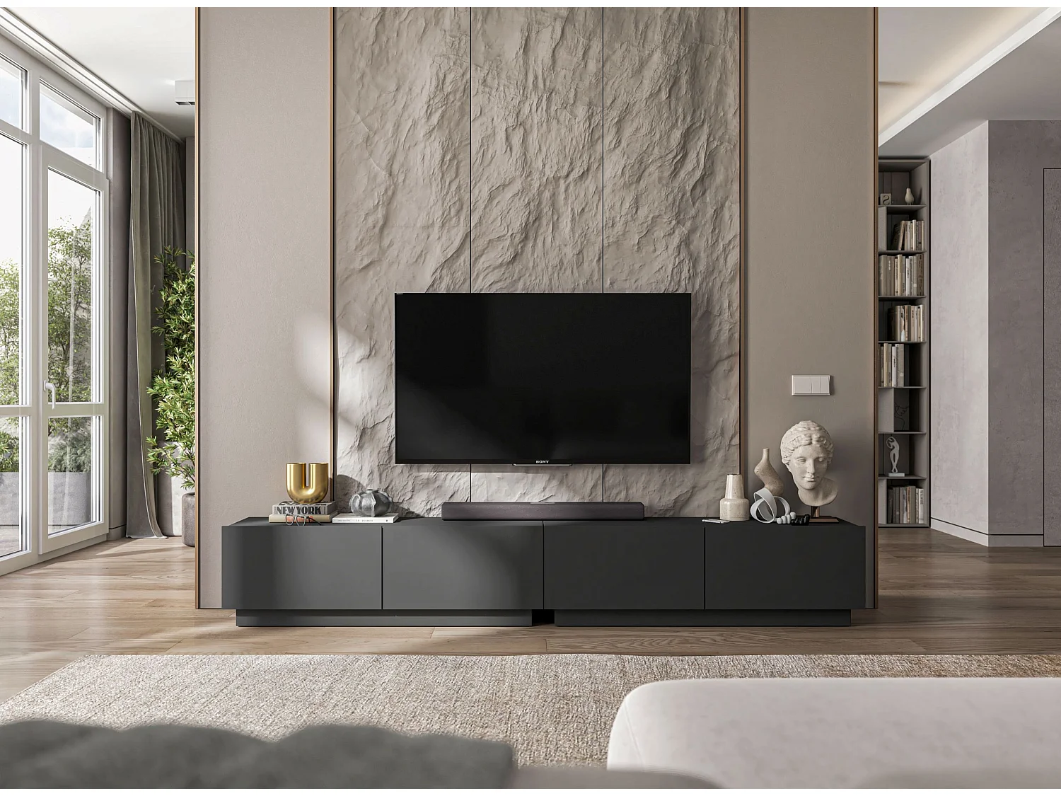 Meuble TV avec 4 portes - corps Graphite mat, façades Graphite mat - 240 cm, sur socle