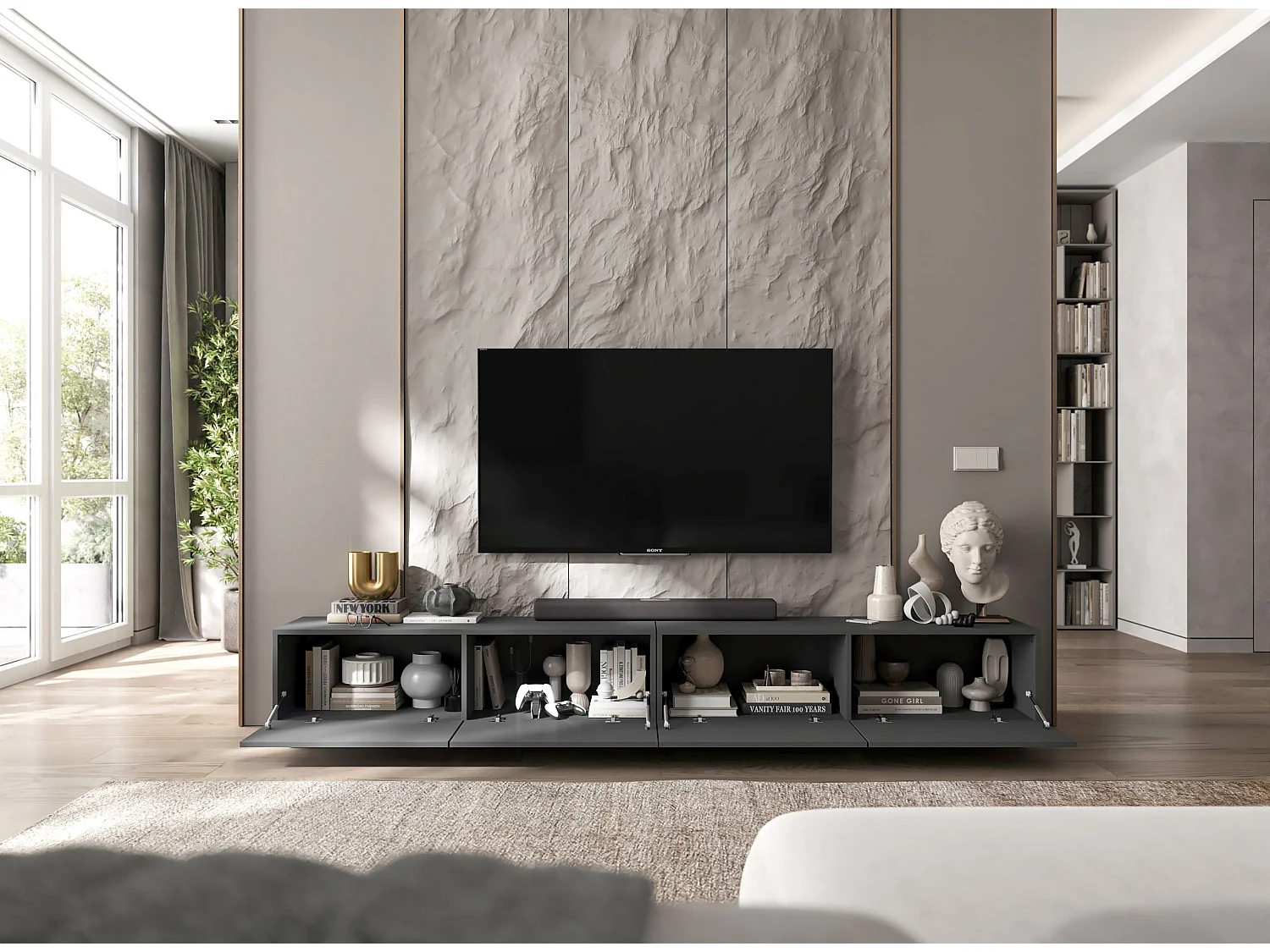 Meuble TV avec 4 portes - corps Graphite mat, façades Graphite mat - 240 cm, sur socle