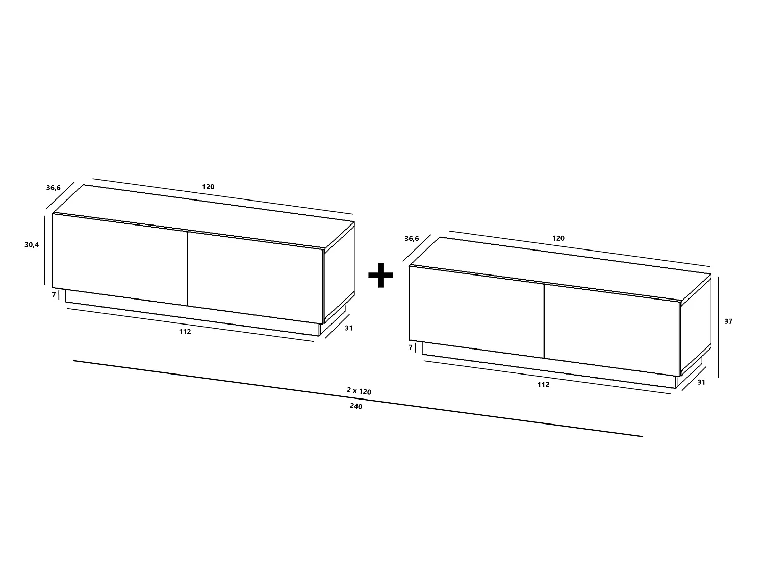 Meuble TV avec 4 portes - corps Graphite mat, façades Graphite mat - 240 cm, sur socle