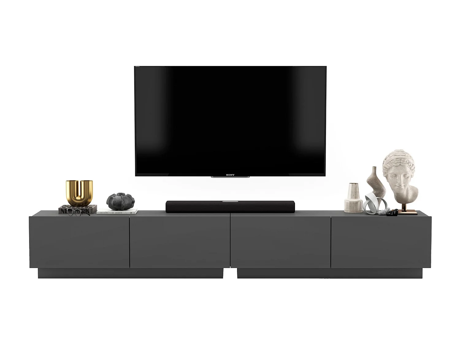 Meuble TV avec 4 portes - corps Graphite mat, façades Graphite mat - 240 cm, sur socle