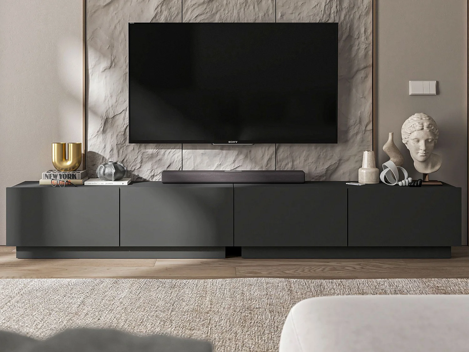 Meuble TV avec 4 portes - corps Graphite mat, façades Graphite mat - 240 cm, sur socle