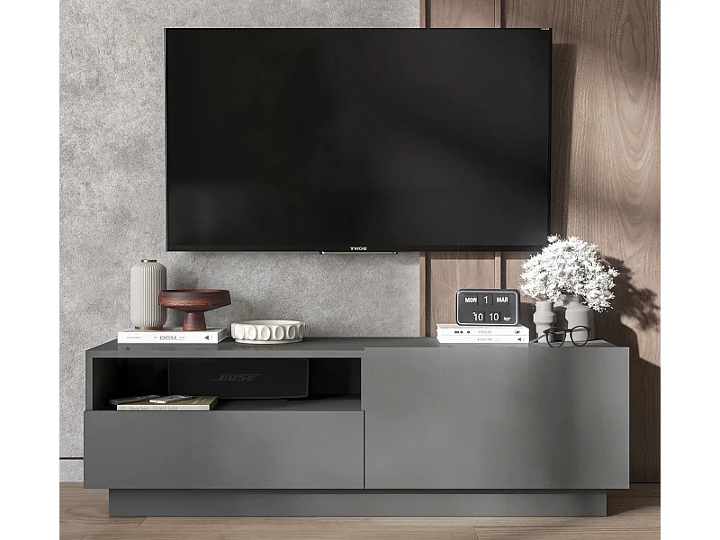 Meuble TV avec 1 portes et niche, tiroir - corps Graphite mat, façades Graphite mat - 120 cm, sur socle