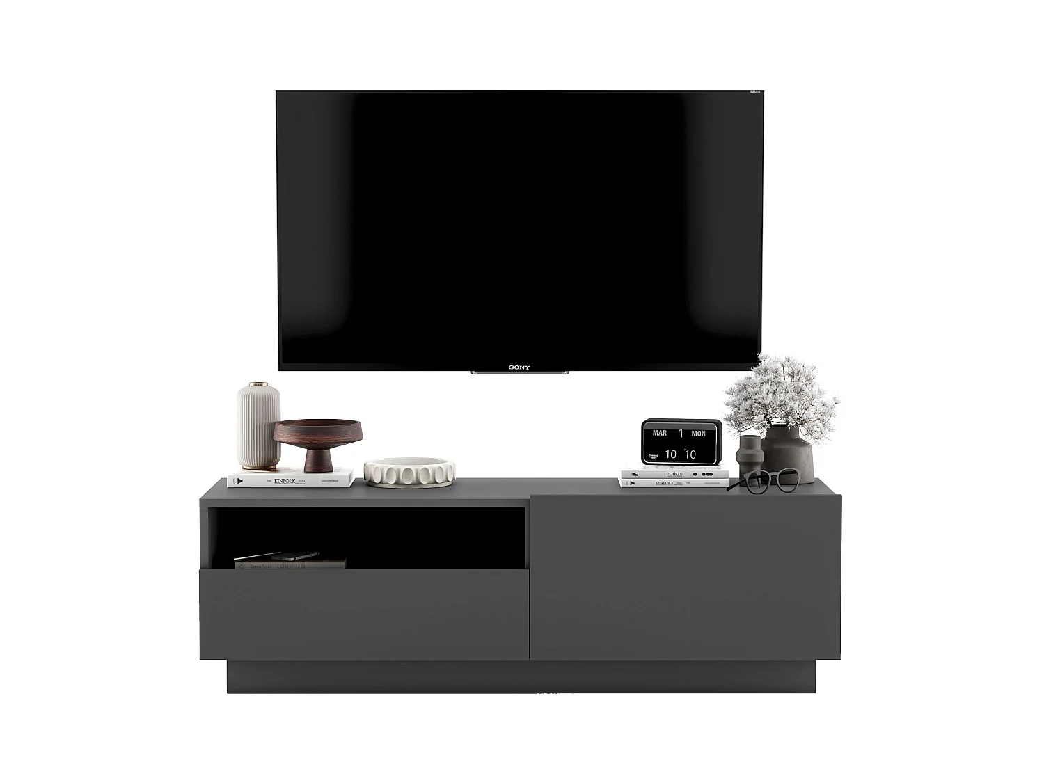 Meuble TV avec 1 portes et niche, tiroir - corps Graphite mat, façades Graphite mat - 120 cm, sur socle