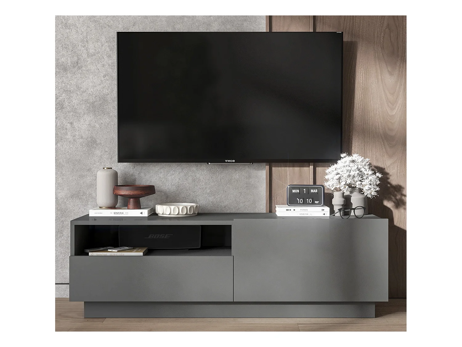 Meuble TV avec 1 portes et niche, tiroir - corps Graphite mat, façades Graphite mat - 120 cm, sur socle