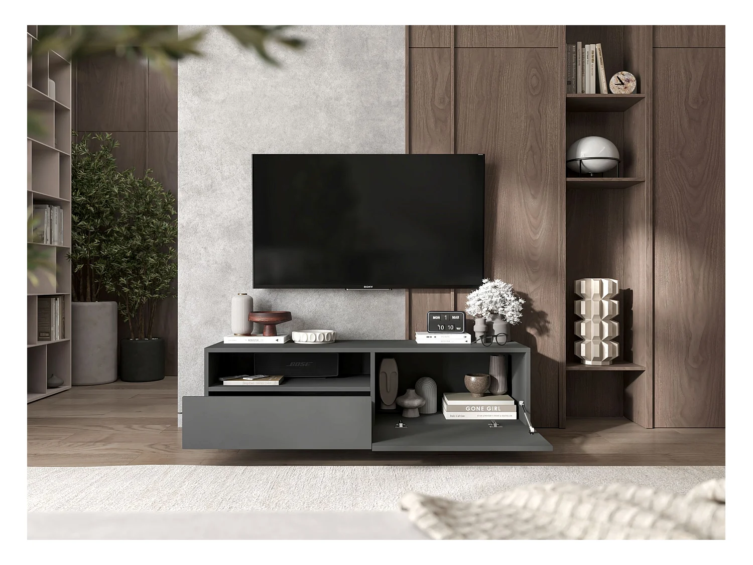 Meuble TV avec 1 portes et niche, tiroir - corps Graphite mat, façades Graphite mat - 120 cm, sur socle