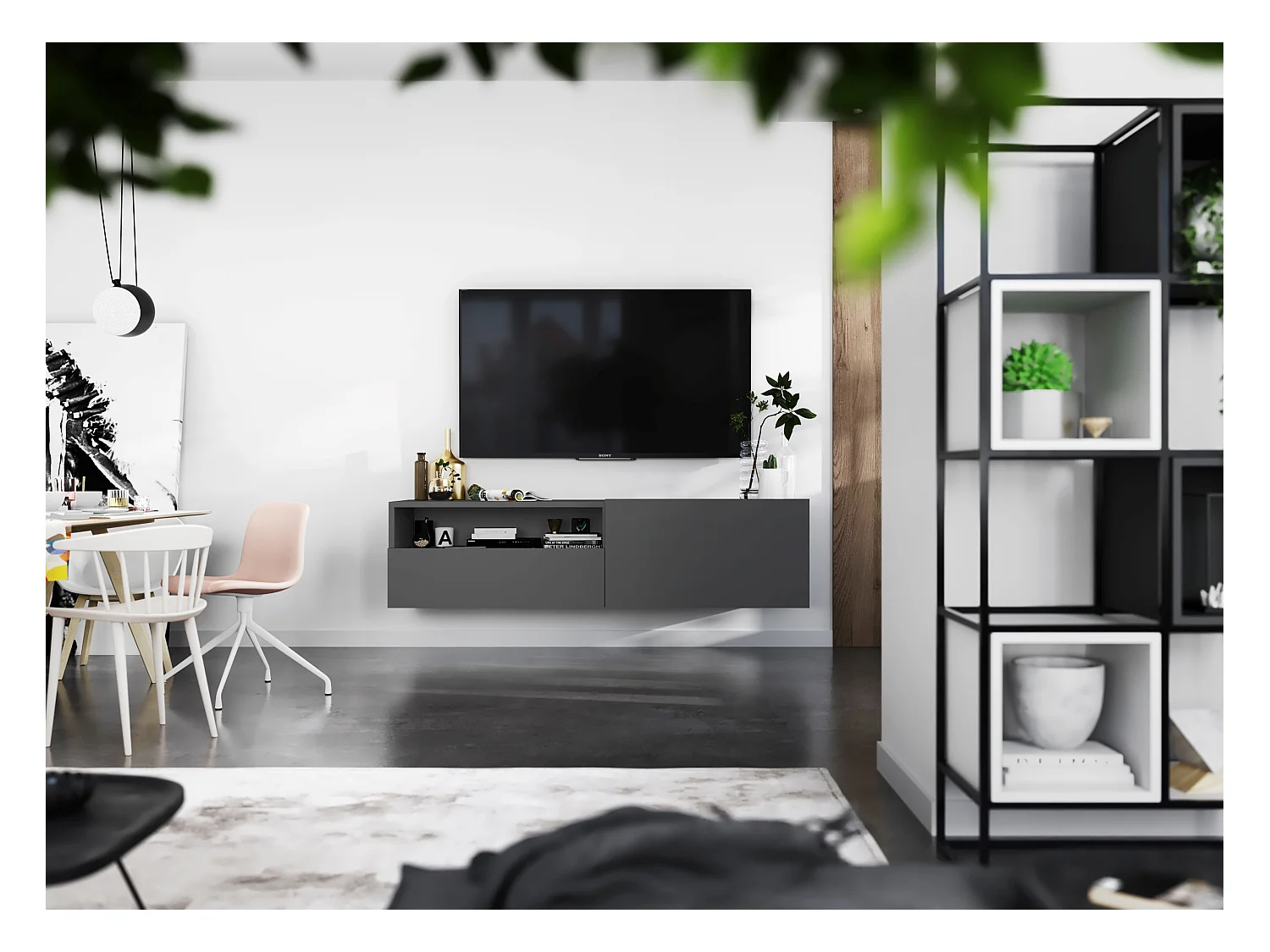 Meuble TV avec 1 portes et niche, tiroir - corps Graphite mat, façades Graphite mat - 120 cm, sur socle