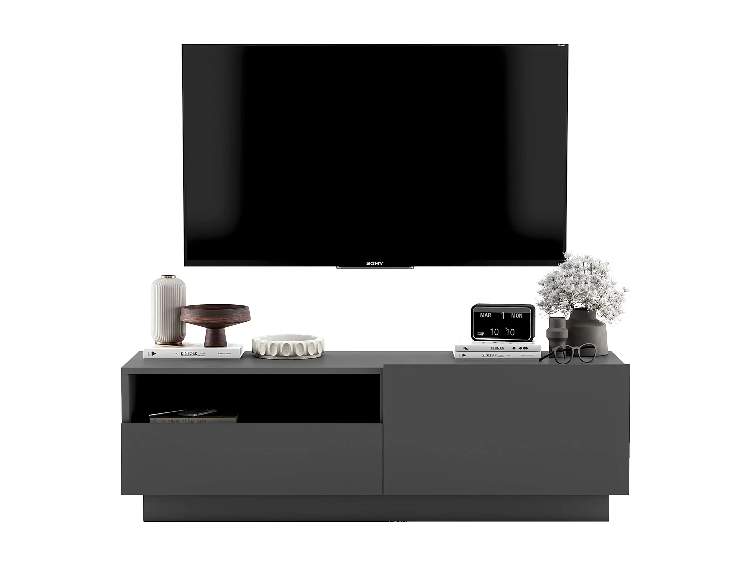 Meuble TV avec 1 portes et niche, tiroir - corps Graphite mat, façades Graphite mat - 120 cm, sur socle