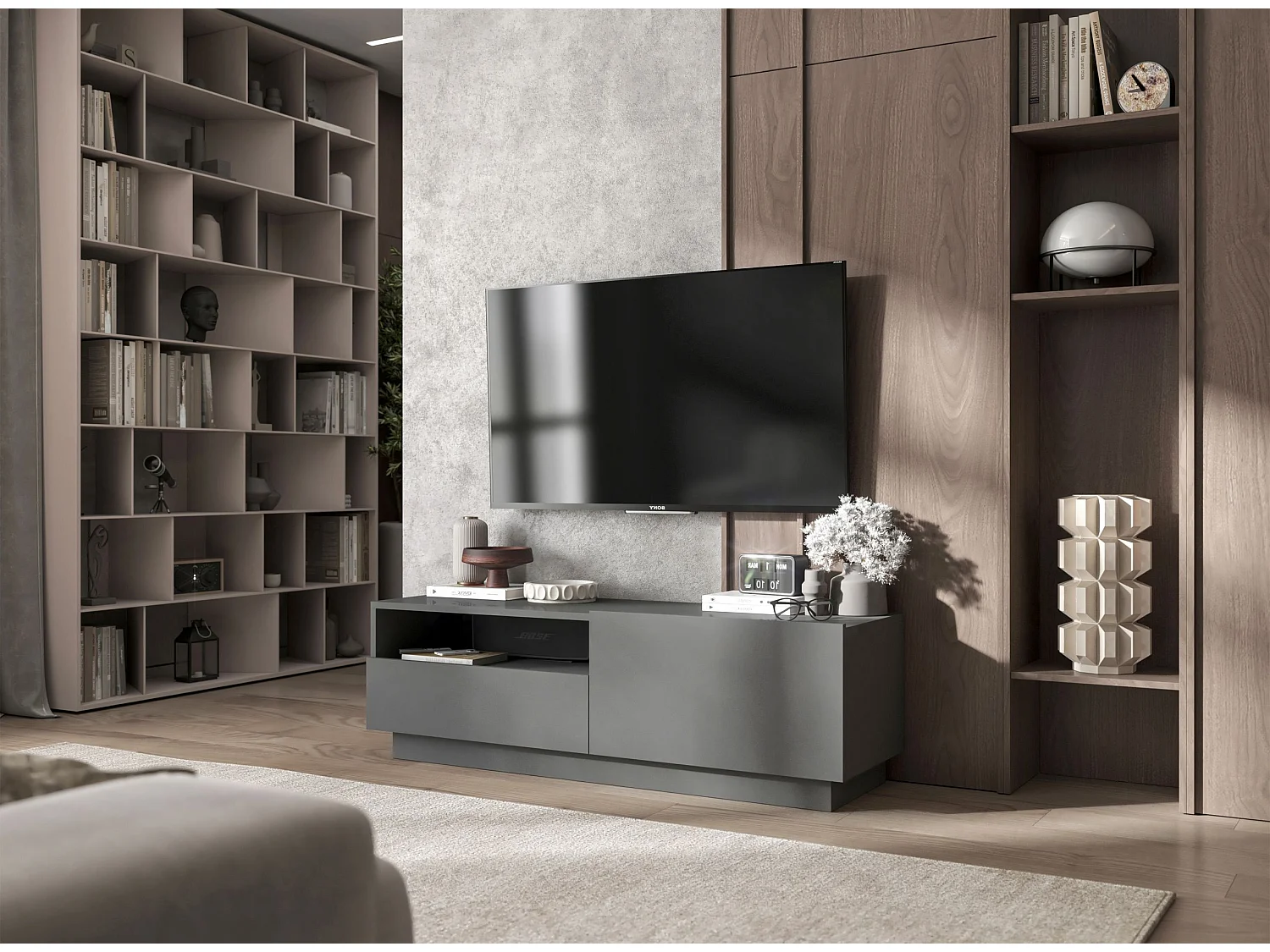 Meuble TV avec 1 portes et niche, tiroir - corps Graphite mat, façades Graphite mat - 120 cm, sur socle