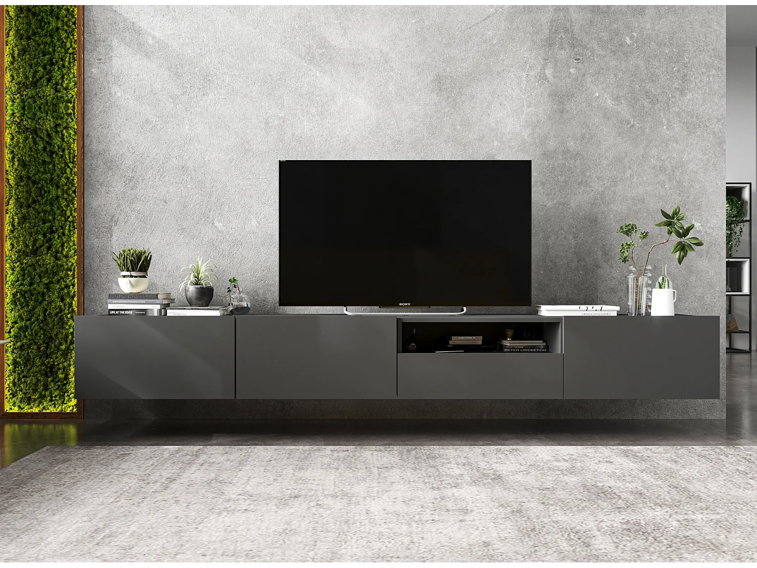 Meuble TV avec 1 portes et niche, tiroir - corps Graphite mat, façades Graphite mat - 120 cm, sur socle