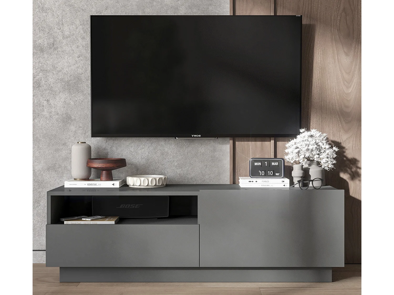 Móvel de TV com 1 porta e nicho, gaveta - corpo grafite mate, frentes grafite mate - 120 cm, com base