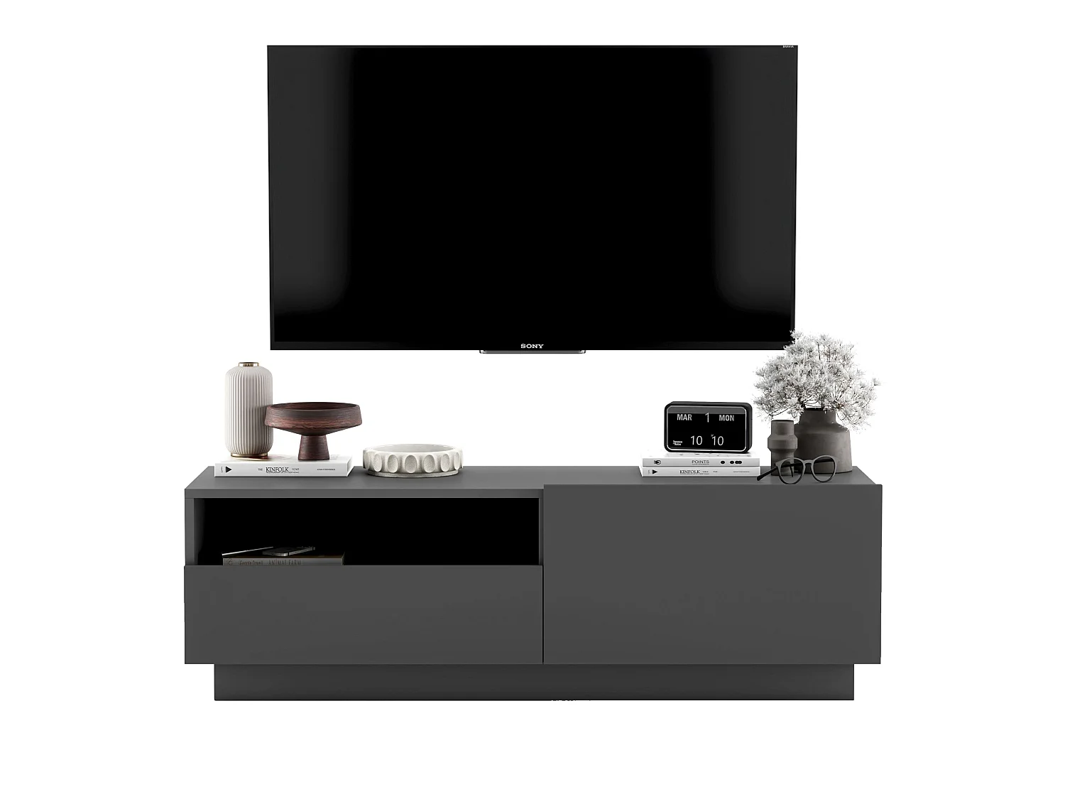 Móvel de TV com 1 porta e nicho, gaveta - corpo grafite mate, frentes grafite mate - 120 cm, com base