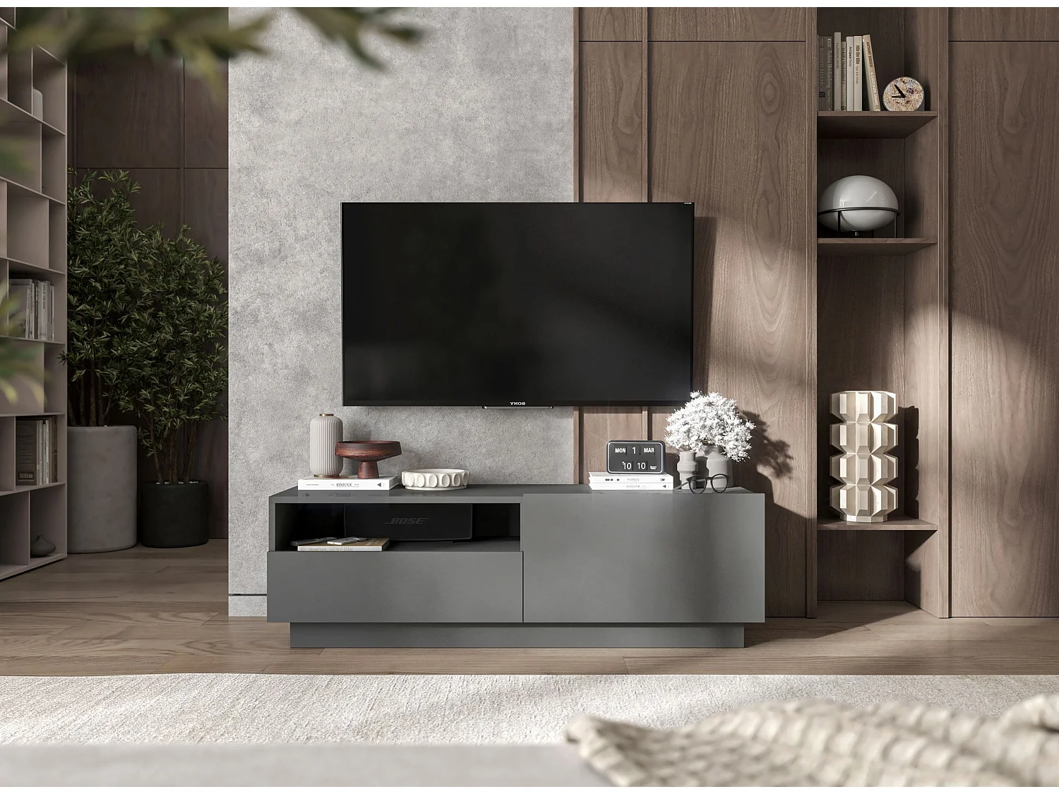 Móvel de TV com 1 porta e nicho, gaveta - corpo grafite mate, frentes grafite mate - 120 cm, com base