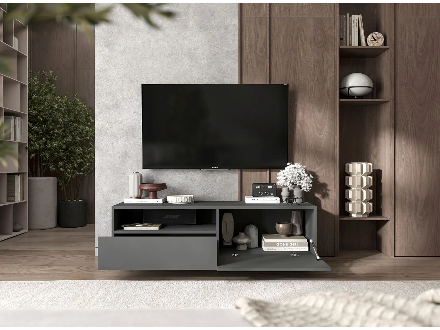 Móvel de TV com 1 porta e nicho, gaveta - corpo grafite mate, frentes grafite mate - 120 cm, com base