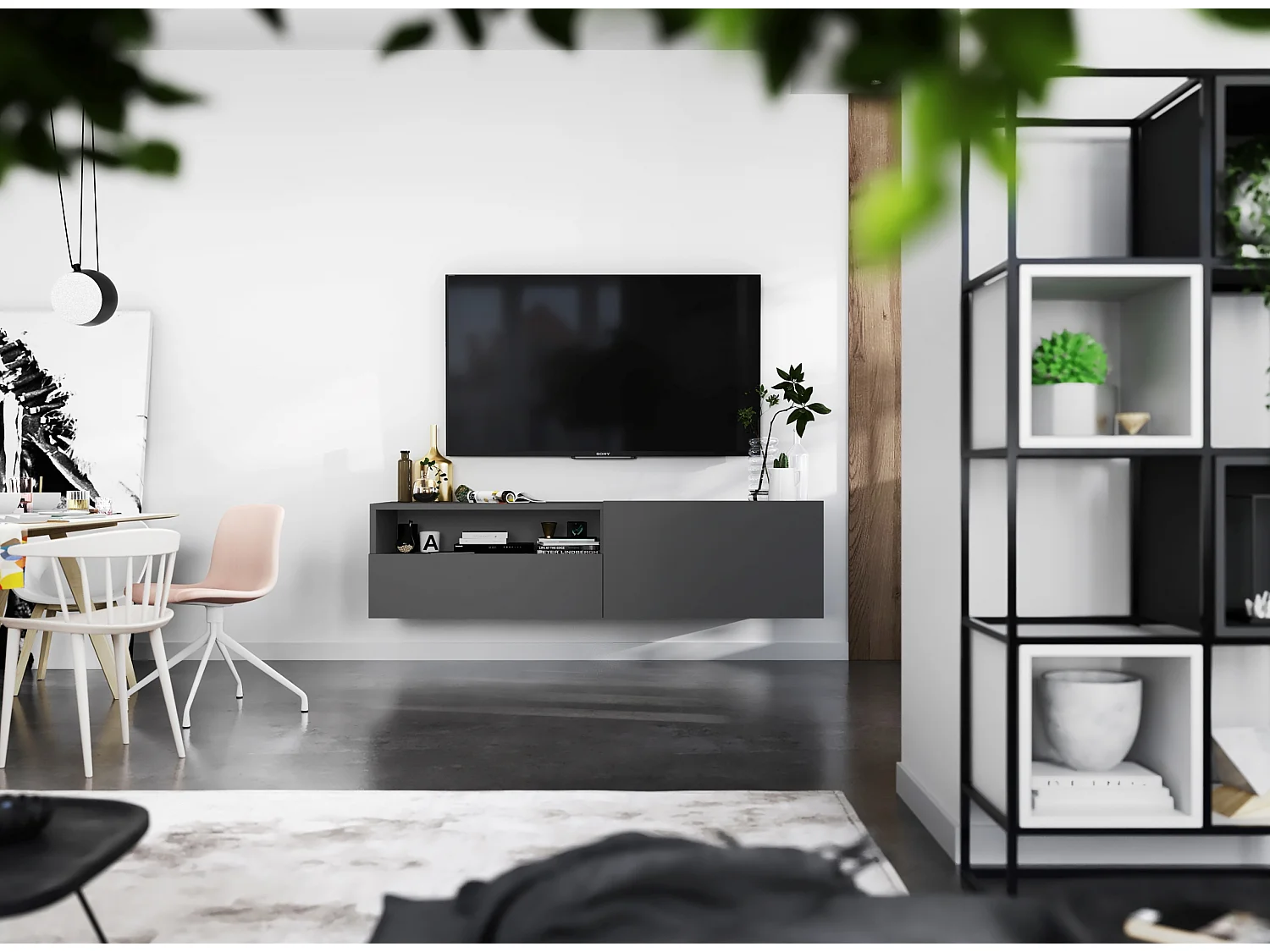 Móvel de TV com 1 porta e nicho, gaveta - corpo grafite mate, frentes grafite mate - 120 cm, com base