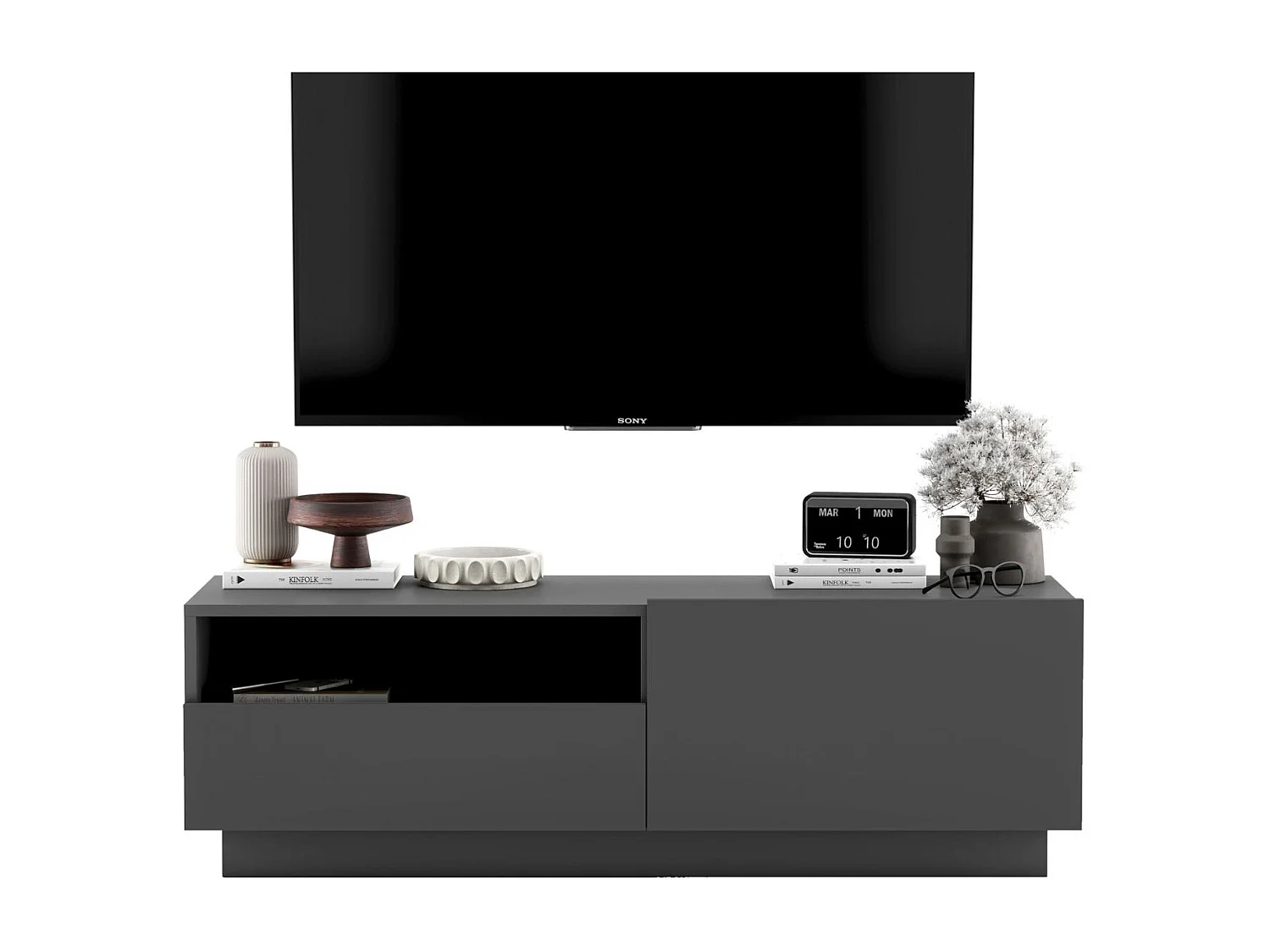TV-meubel met 1 deur en open vak, lade - корпус grafiet mat, fronten grafiet mat - 120 cm, op onderstel