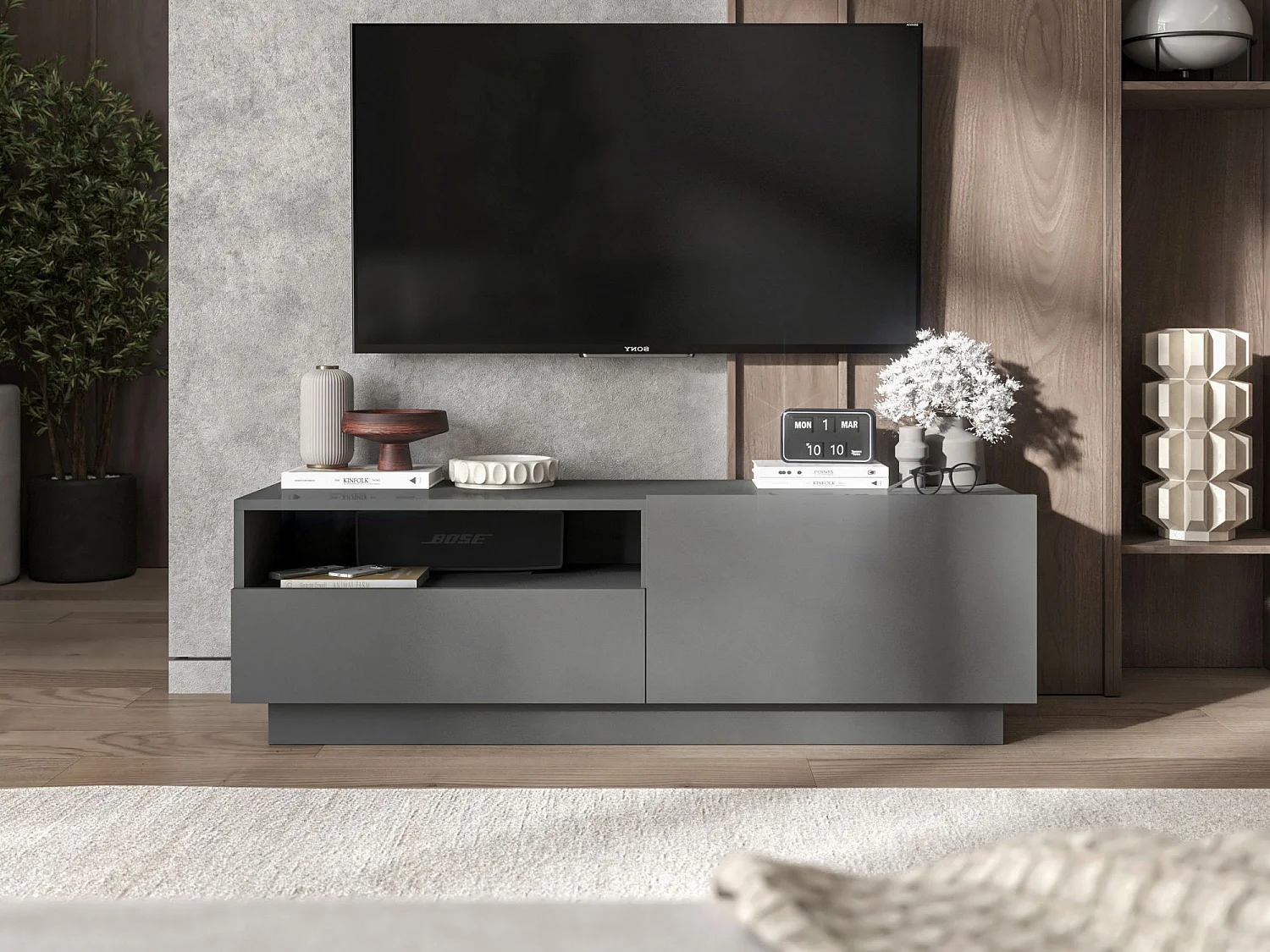 TV-meubel met 1 deur en open vak, lade - корпус grafiet mat, fronten grafiet mat - 120 cm, op onderstel