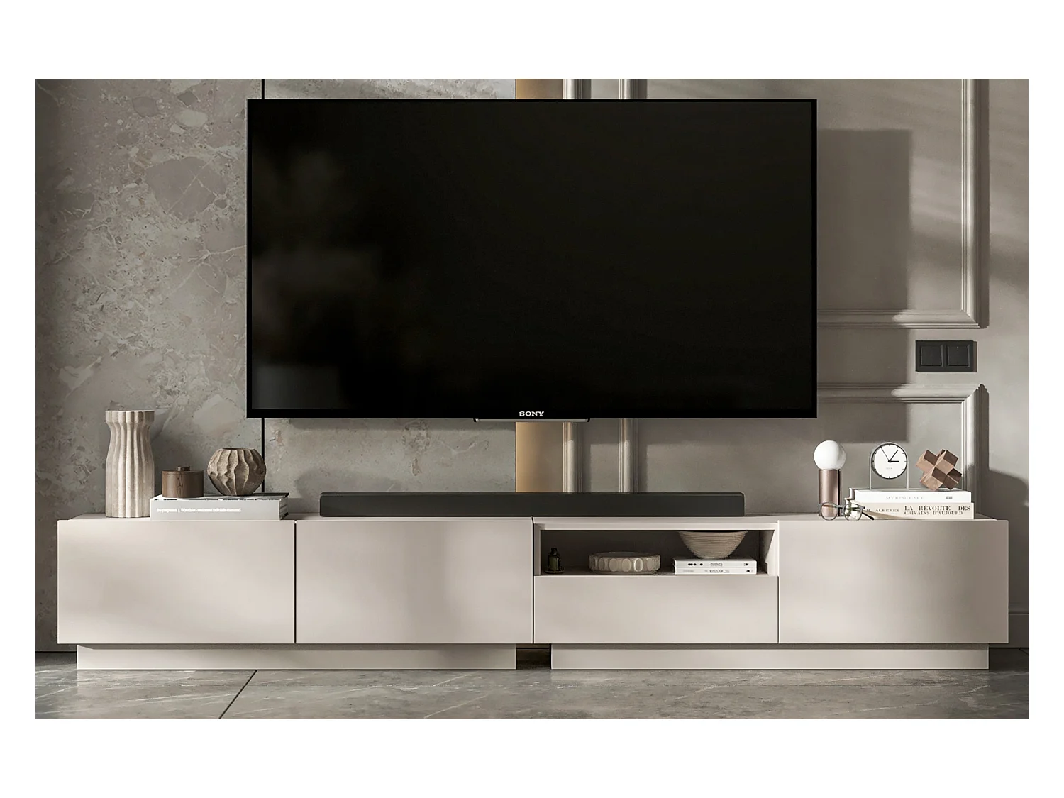 Meuble TV avec 3 portes et niche, tiroir - corps Cachemire mat, façades Cachemire mat - 240 cm, sur socle