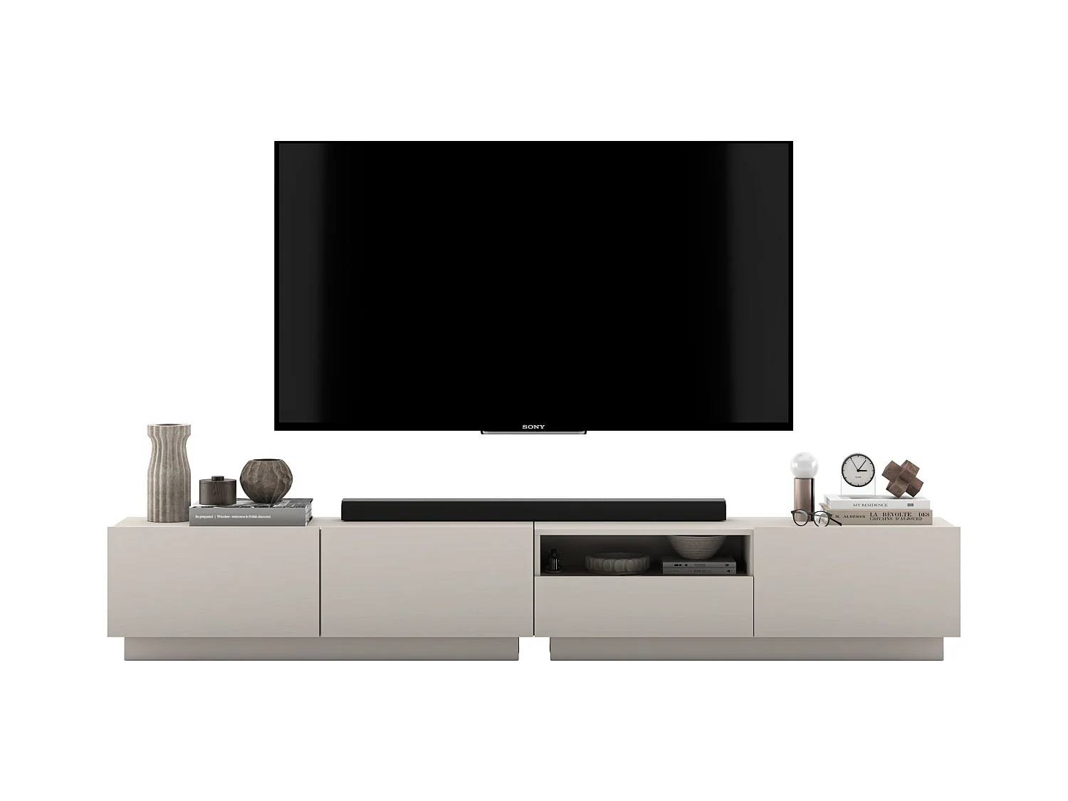 Meuble TV avec 3 portes et niche, tiroir - corps Cachemire mat, façades Cachemire mat - 240 cm, sur socle