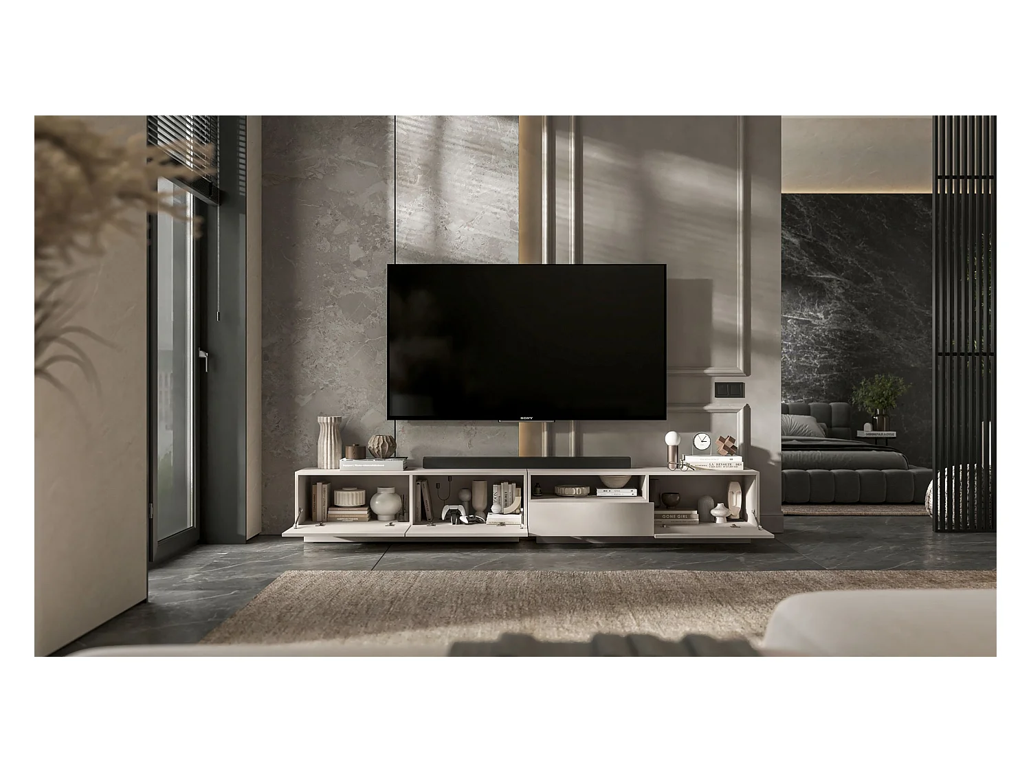 Meuble TV avec 3 portes et niche, tiroir - corps Cachemire mat, façades Cachemire mat - 240 cm, sur socle