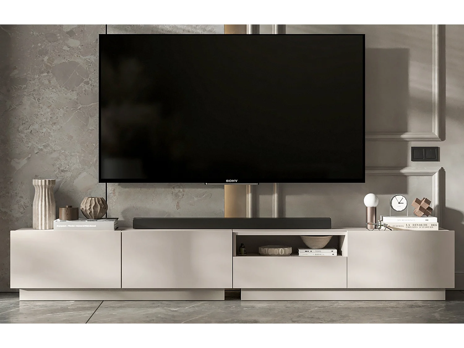 Meuble TV avec 3 portes et niche, tiroir - corps Cachemire mat, façades Cachemire mat - 240 cm, sur socle