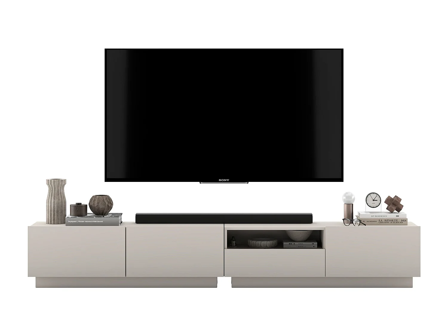 Meuble TV avec 3 portes et niche, tiroir - corps Cachemire mat, façades Cachemire mat - 240 cm, sur socle