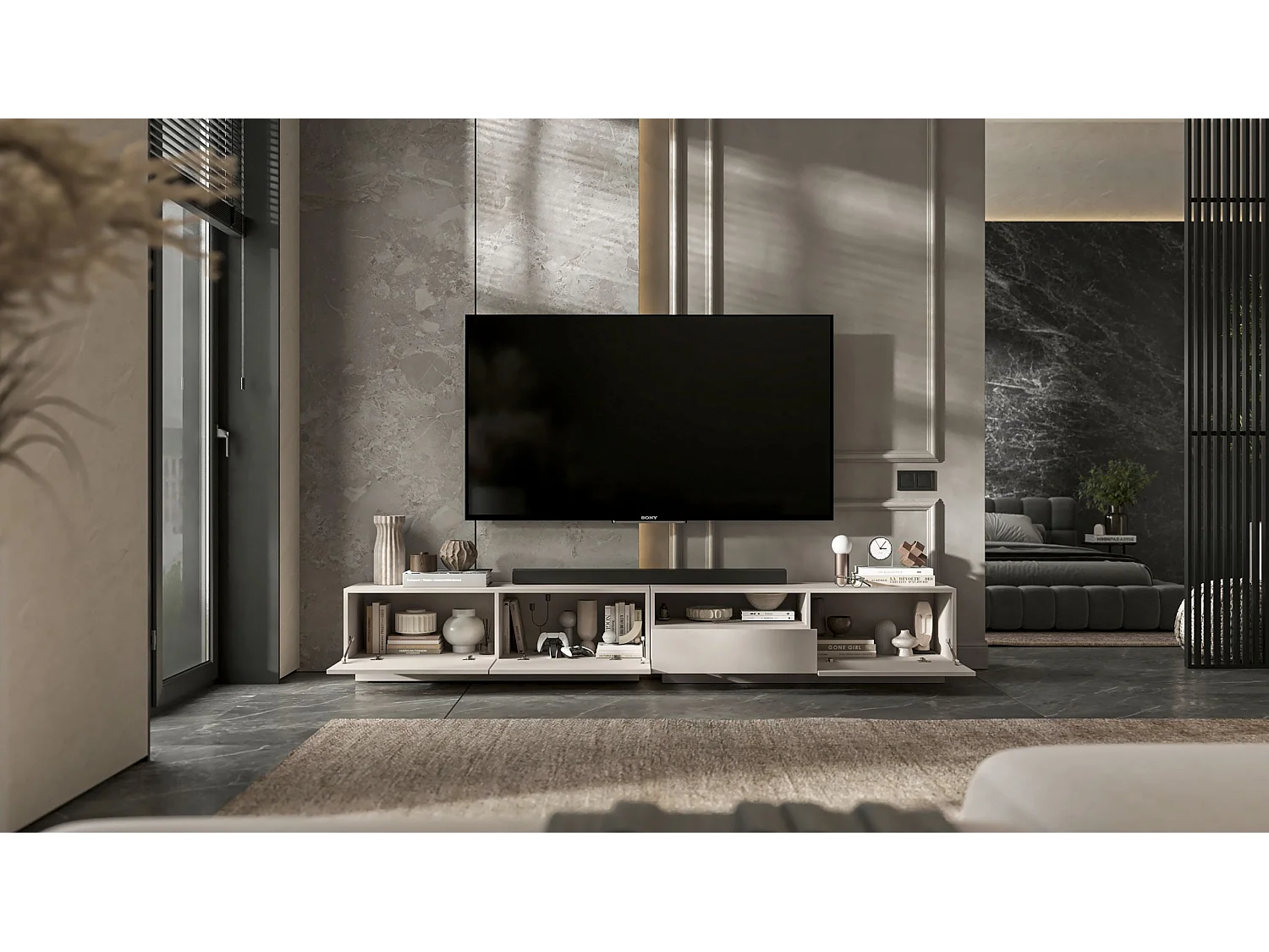 Meuble TV avec 3 portes et niche, tiroir - corps Cachemire mat, façades Cachemire mat - 240 cm, sur socle