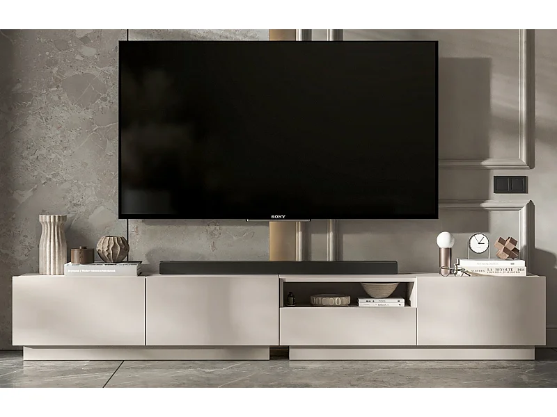 Meuble TV avec 3 portes et niche, tiroir - corps Cachemire mat, façades Cachemire mat - 240 cm, sur socle