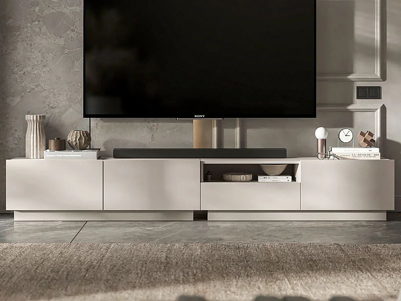 Meuble TV avec 3 portes et niche, tiroir - corps Cachemire mat, façades Cachemire mat - 240 cm, sur socle
