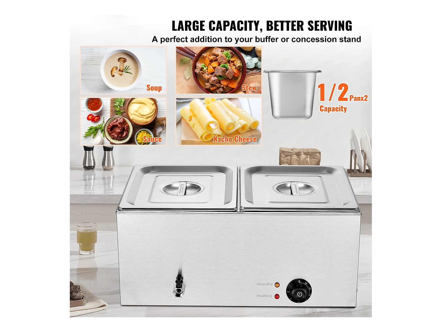 Professioneller Speisenwärmer SucceBuy mit 2 Platten 17L 1200 W, Edelstahl, Einstellbare Temperatur, für Restaurantbüfett