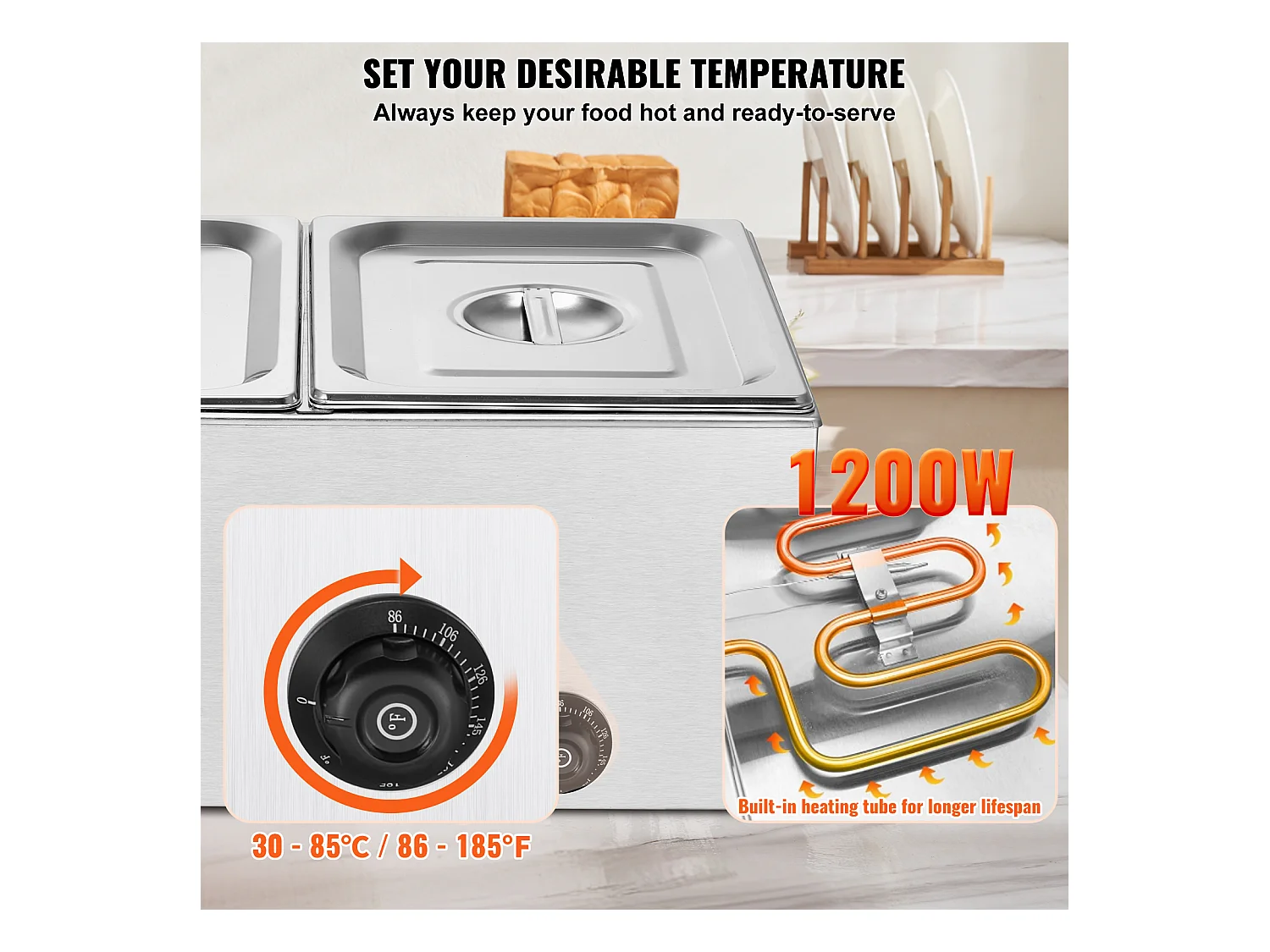 Professioneller Speisenwärmer SucceBuy mit 2 Platten 17L 1200 W, Edelstahl, Einstellbare Temperatur, für Restaurantbüfett