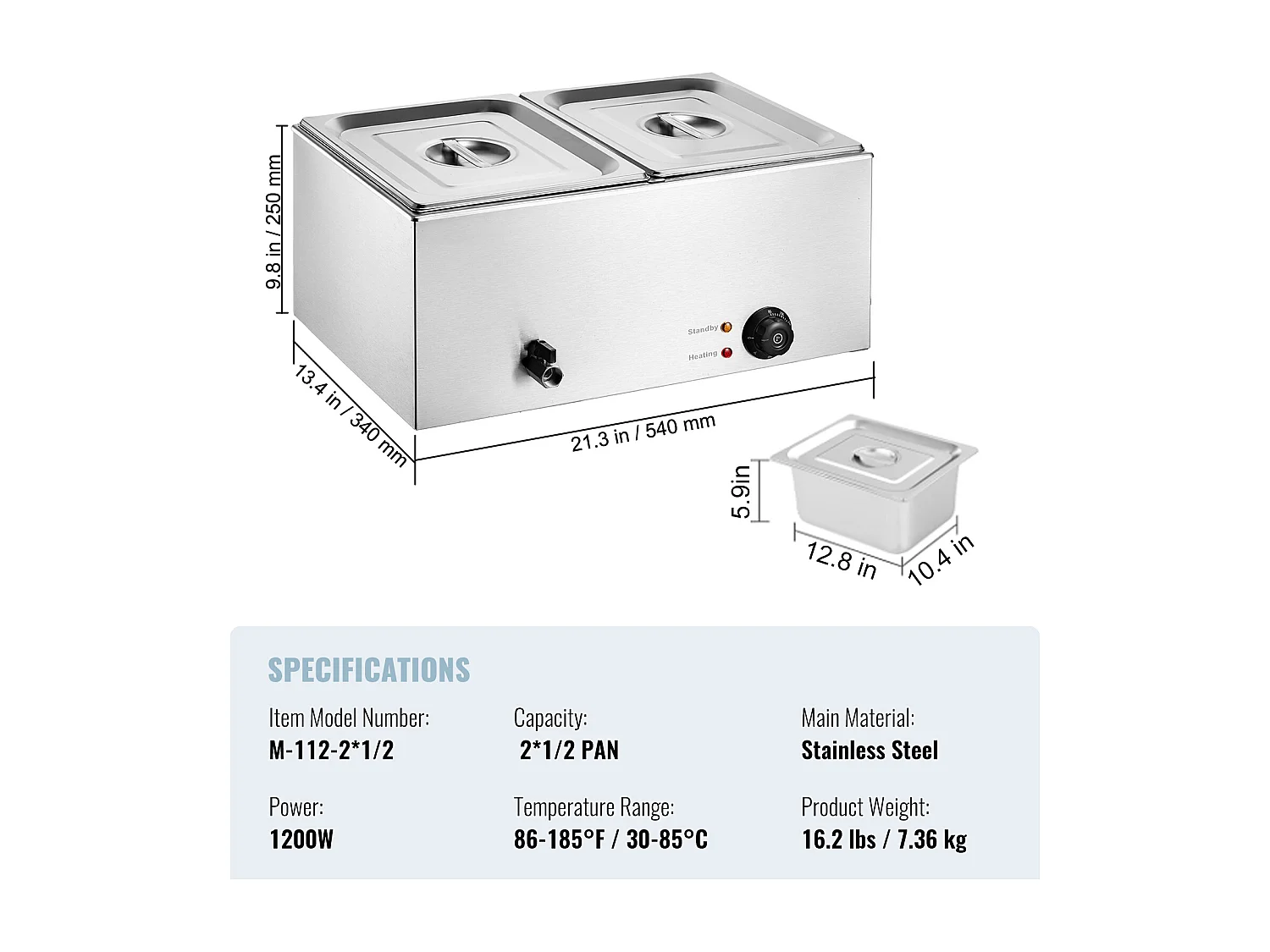 Chauffe-Plats Professionnel SucceBuy à 2 Plaques 17L 1200 W, Acier Inoxydable, Température Réglable, pour Buffet de Restaurant