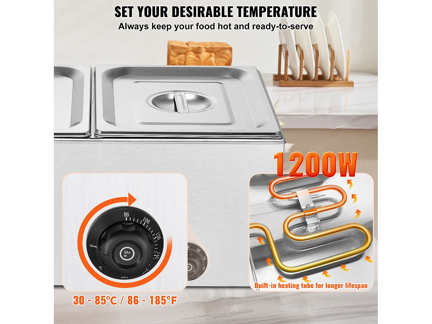 Chauffe-Plats Professionnel SucceBuy à 2 Plaques 17L 1200 W, Acier Inoxydable, Température Réglable, pour Buffet de Restaurant