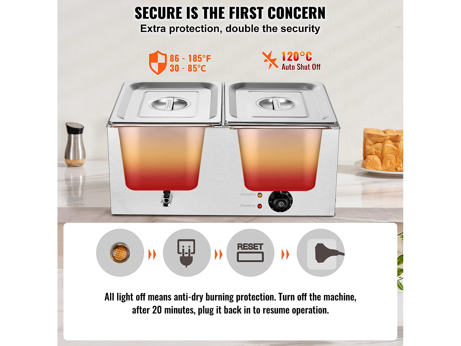 Chauffe-Plats Professionnel SucceBuy à 2 Plaques 17L 1200 W, Acier Inoxydable, Température Réglable, pour Buffet de Restaurant