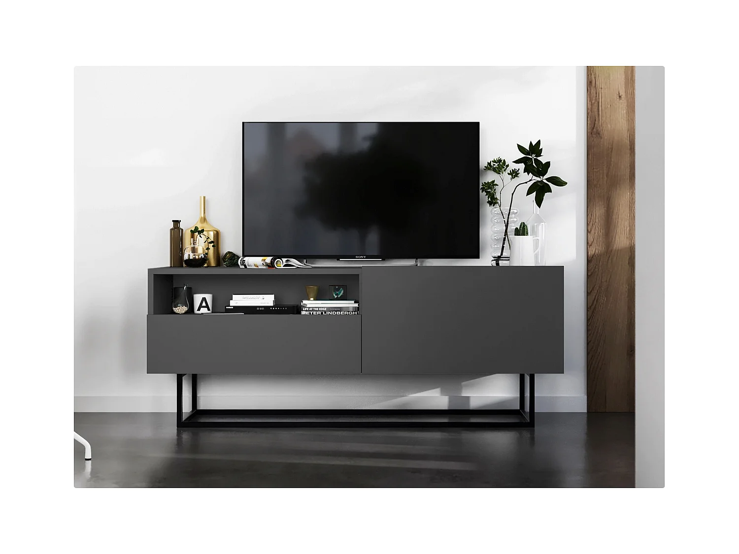 Meuble TV avec 1 portes et niche, tiroir - corps Graphite mat, façades Graphite mat - 120 cm, Cadre en métal noir