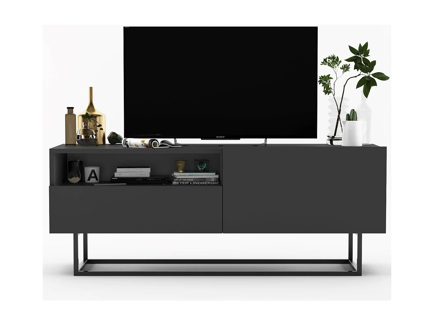 Meuble TV avec 1 portes et niche, tiroir - corps Graphite mat, façades Graphite mat - 120 cm, Cadre en métal noir