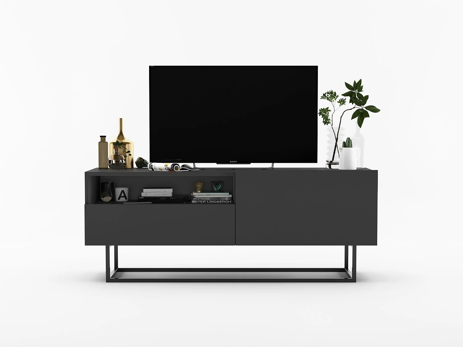 TV-meubel met 1 deur, open vak en lade – corpus Mat Grafiet, fronten Mat Grafiet – 120 cm, zwart metalen frame