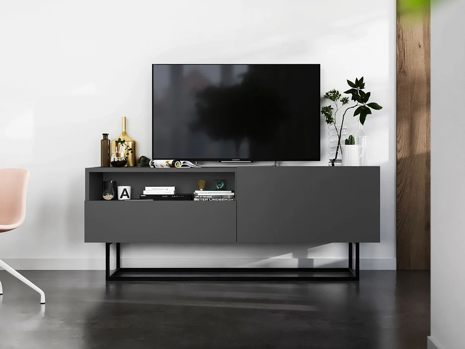 TV-meubel met 1 deur, open vak en lade – corpus Mat Grafiet, fronten Mat Grafiet – 120 cm, zwart metalen frame